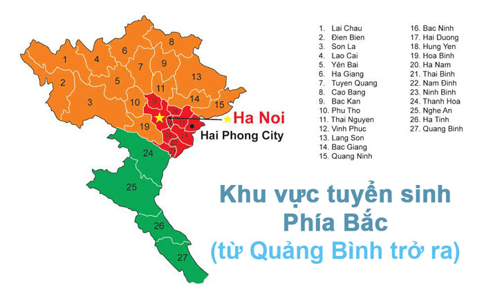 Bảng phân chia Khu vực tuyển sinh Phía Bắc (từ Quảng Bình trở ra)
